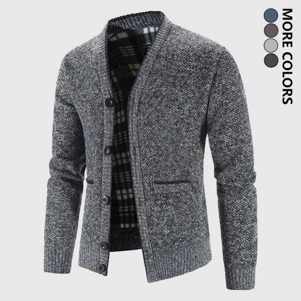 Men's Fleece-Lined V-Neck Knitting Cardigan - Thermal Long Sleeve, Medium Length, Regular Fitted, Solid Color, Durable Button Front, Warm Winter Top, Neckline Design