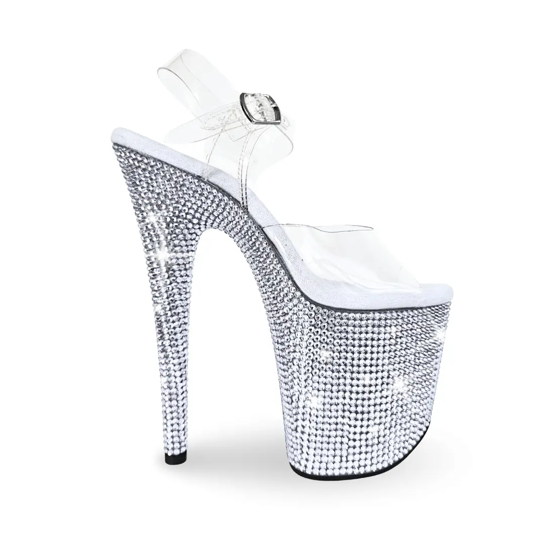 Women's IDOL White Stardust Crystals High Heels - 8in Strap Open Toe Pole Dance Shoes