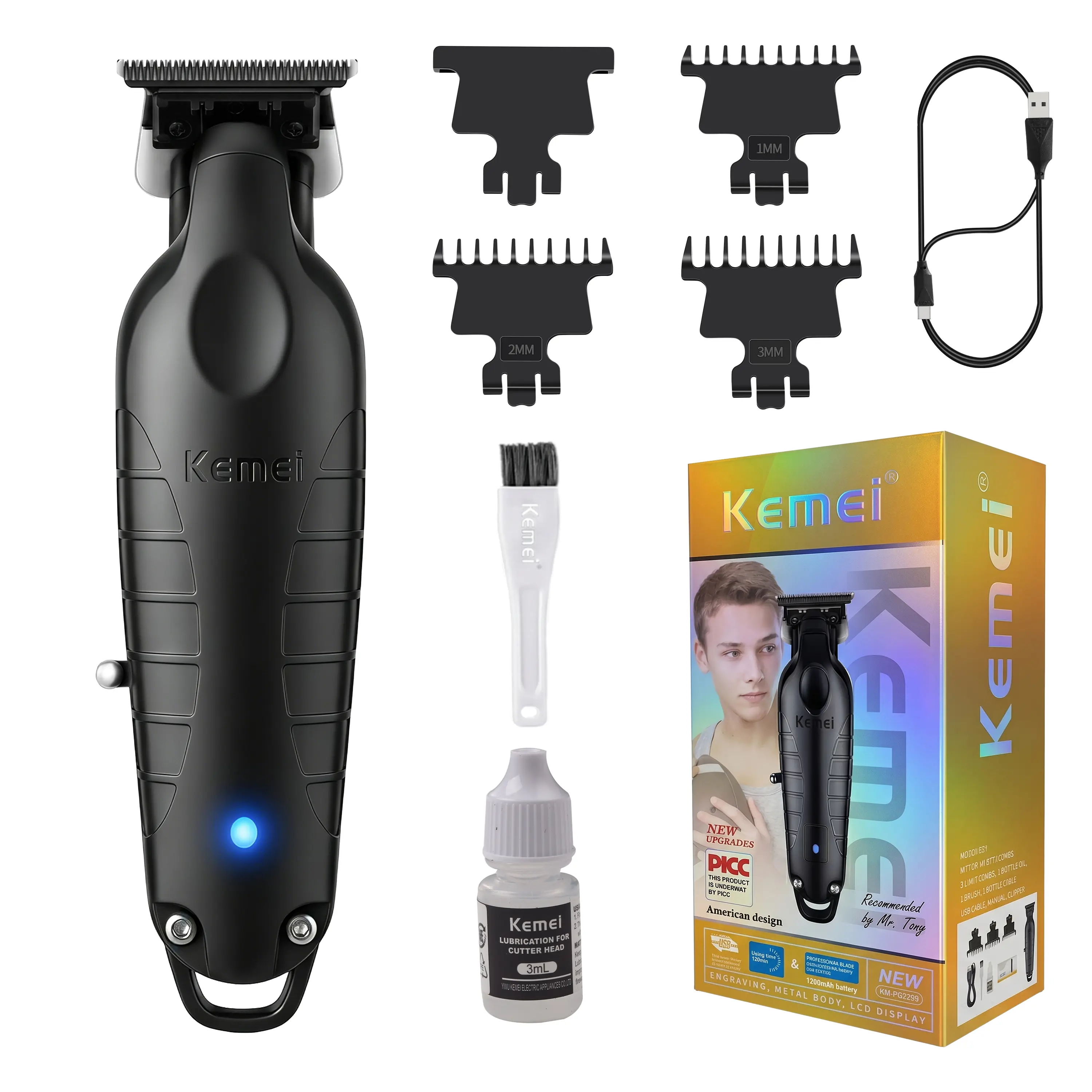 Kemei-PG2299 Professional Men's Hair/Beard Trimmer Zero Gap Hair Clipper with T-blade, cordless charging
