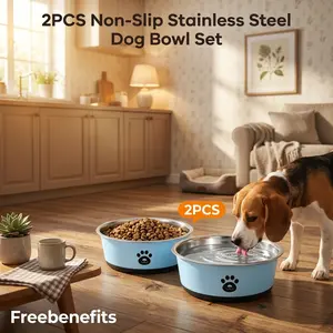 2 Pack 860ml Stainless Steel Dog Feeding Bowl with Non Slip Silicone Base Metal Puppy Bowl for Dog and Cat Pet Plate for Food and Water Blue