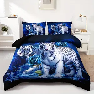 3PCS Tiger Animal Blue Rose Duvet Cover Set (1 Duvet Cover + 2 Pillowcases, Pillow Core Not Included), Home Dormitory High-Definition Print soft comfortable fabric home duvet cover set warm atmosphere full comforter soft comfortable soft comfortable sheet