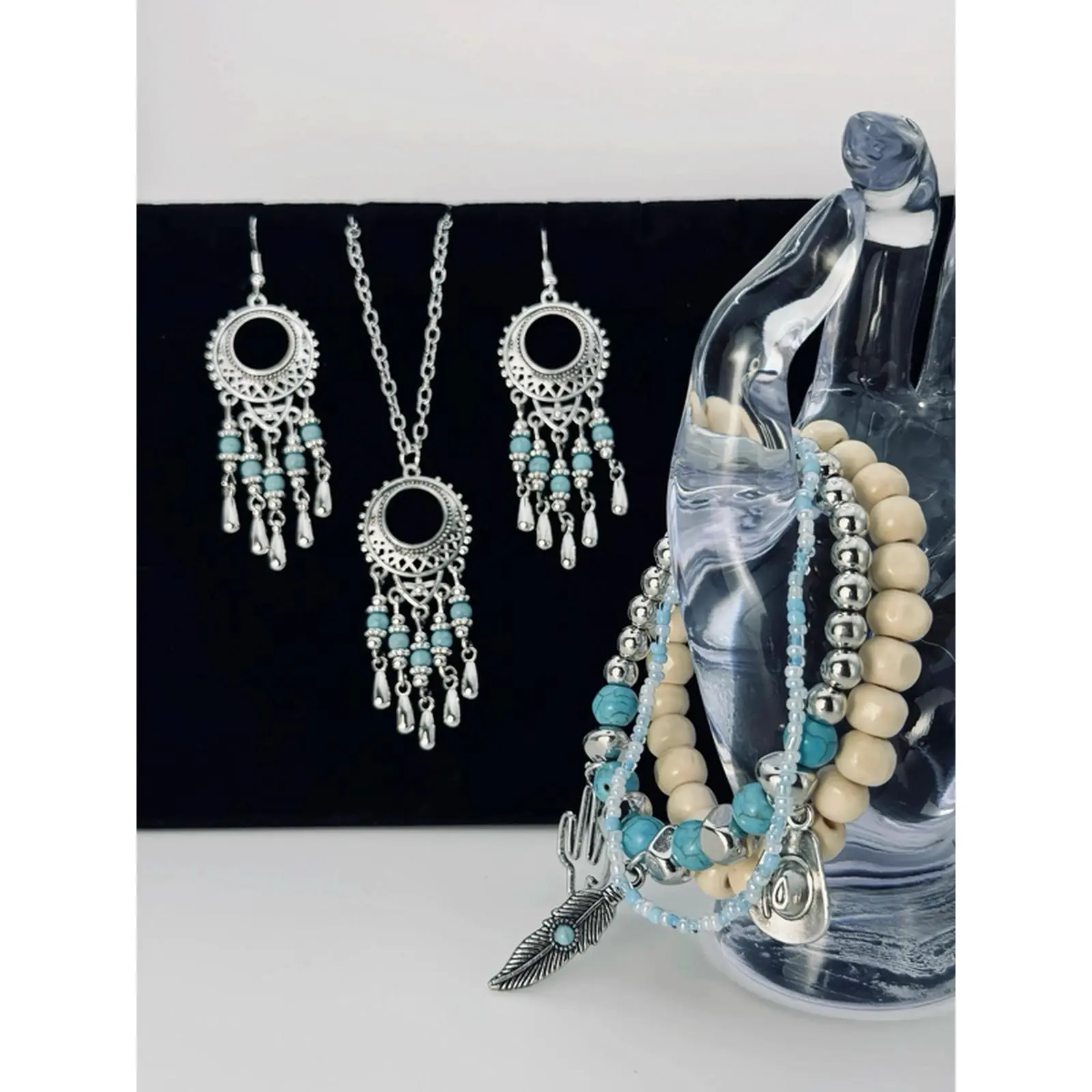 Boho Chic 5-Piece Jewelry Set with Ornate Fringe Chandelier Necklace Matching Earrings & 3 Southwestern Charm Bracelets in Silver Tone Turquoise & Cream Wood Beads