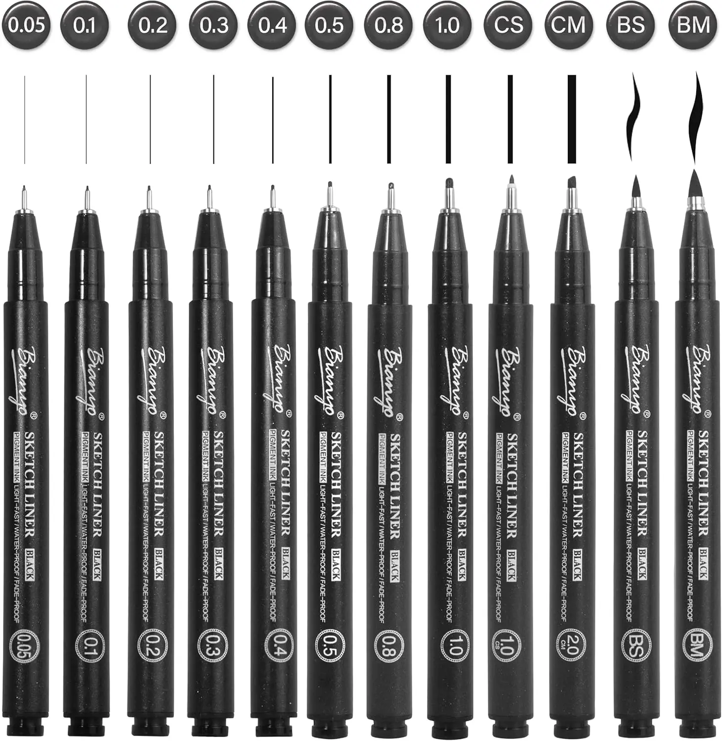 Bianyo Black Art Pen Set - 12 Assorted Sizes Fine Line Pens, Upgraded Pigment Ink, Bonus Pouch, Water-Resistant Archival, Artist Quality Assortment Kit Black Writing Brush Marker Decorative Lettering Technical Drawing Supplies for Artists, Journaling, Art