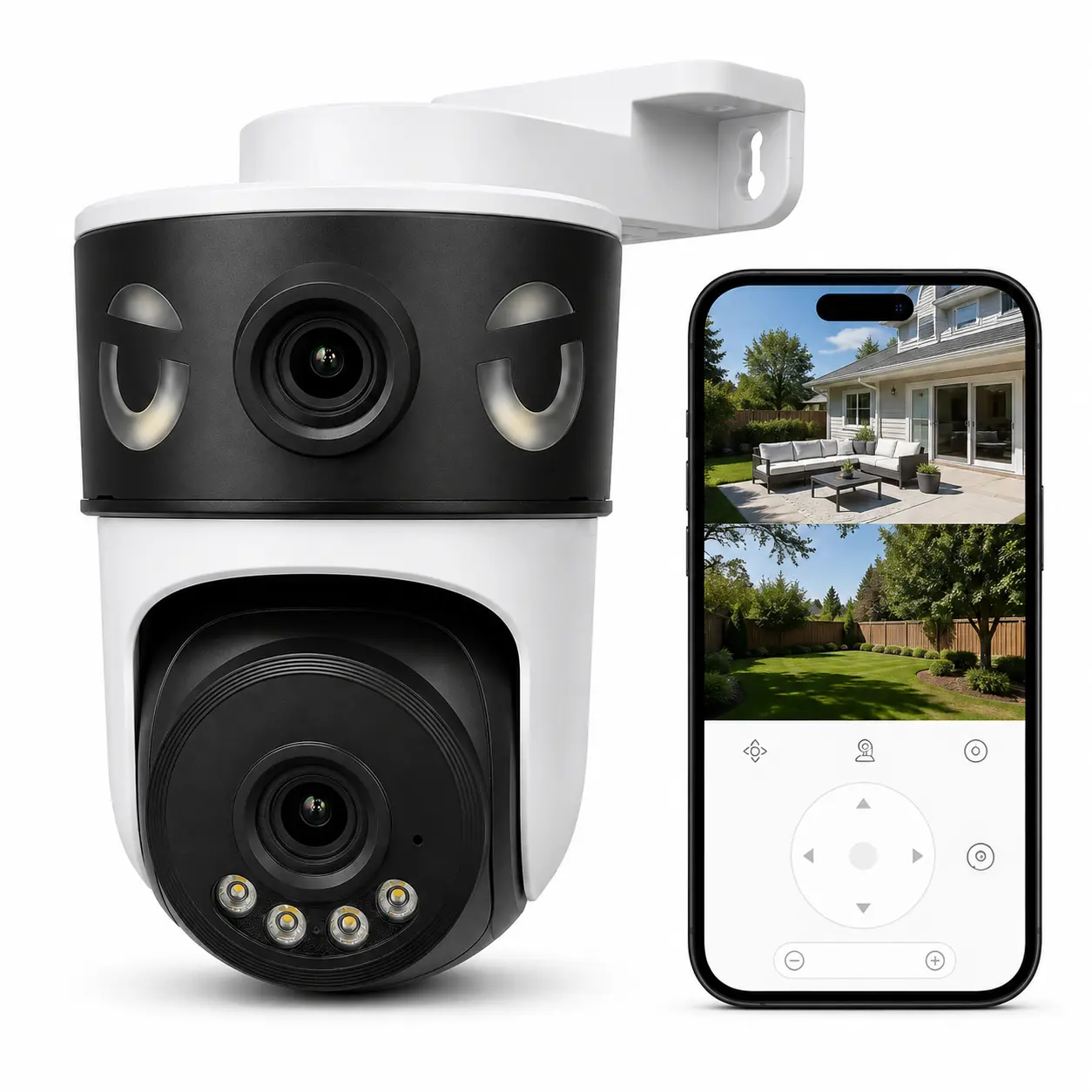 Indoor Wired Security Camera - 1080P HD Dual-Lens Plug-In Model with Cable Power Connection, Wall Mount, 60FPS Smooth Dual-View, Night Vision, Motion Alerts, 2-Way Audio Speaker, SD Slot & OKAM App Remote Home Monitoring