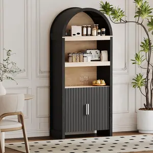 Arched Bookcase Cabinet 71" Tall - 5-Tier Wooden Storage Pantry with Adjustable Shelves - Mid-Century Modern Doors - 3 Open Display Shelves - Dining Room, Kitchen, Living Room Organizer