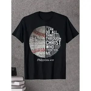 1pc Christian Baseball T-Shirt for Boys - Philippians 4:13 Inspirational Quote, 100% Cotton Crew Neck Tee, Casual Short Sleeve Top for All Seasons, Religious Gift for Youngsters