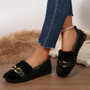 Trendy Plush Loafers with Metal Accent for Women Warm Plush Lined Slip-On Casual Footwear Indoor Outdoor Shoes