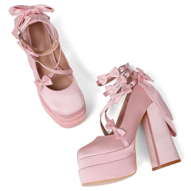 Women's Ankle Strap Buckle Mary Jane Shoes Lolita Bow Block Platform Heels Cute Closed Toe Sweet Bow Mary Jane Kawaii Chunky Pumps Pink Red Black Princess Birthday Party Wedding