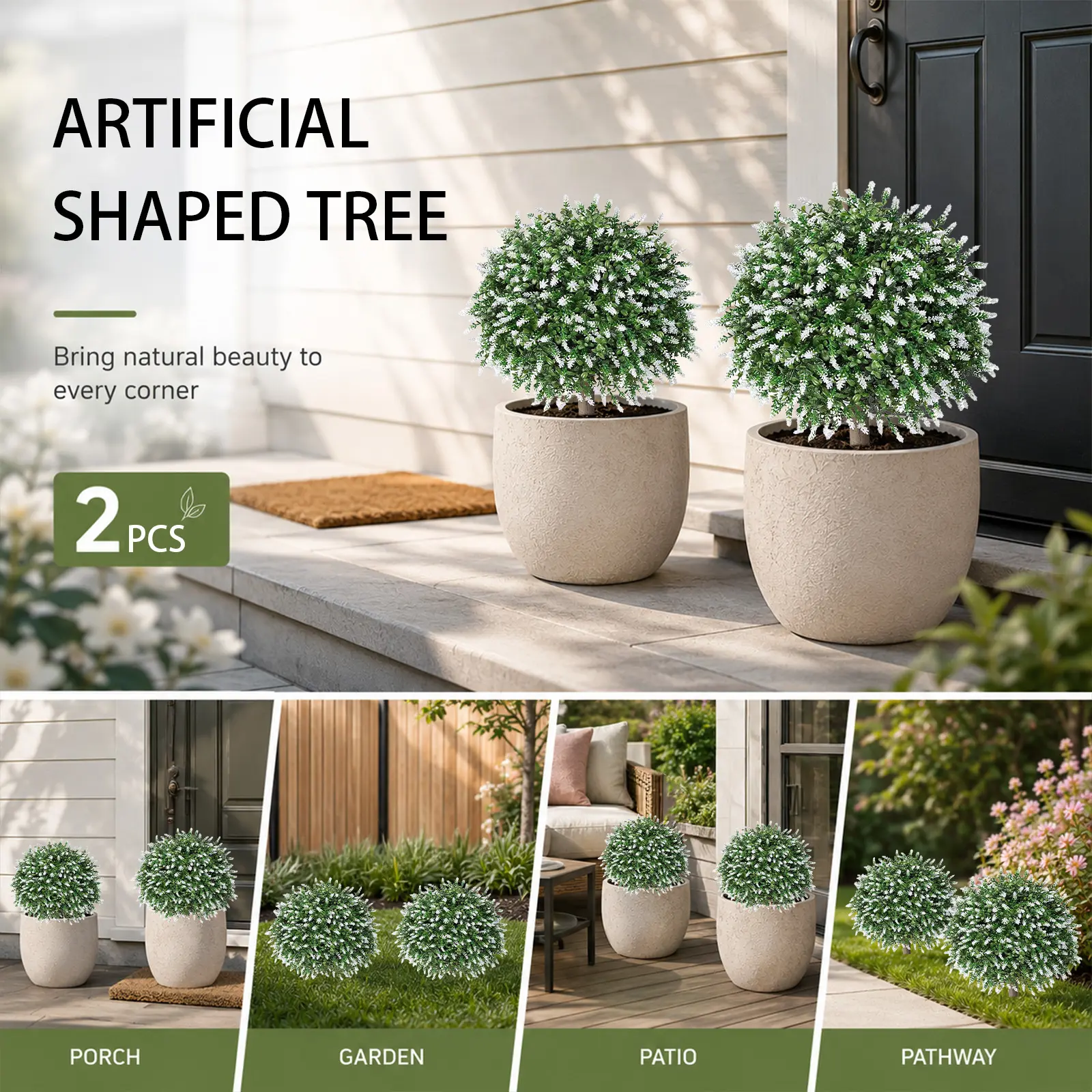 2 Pack UV-Resistant Artificial White Lavender Round Shrub Balls - Detachable Ground Spike, Realistic Rainproof Low-Maintenance Faux Floral Decor for Garden Courtyard Balcony, Corners of Fences, Exterior Home Arrangement, All Season Decor faux plant