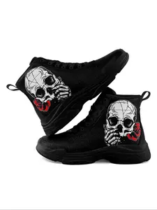 Men's Fashionable Skull & Rose Pattern High Top Lace Up Sneakers, Casual Comfortable Sports Shoes for Daily Wear, Goth Lightweight Sneakers As Halloween Gift