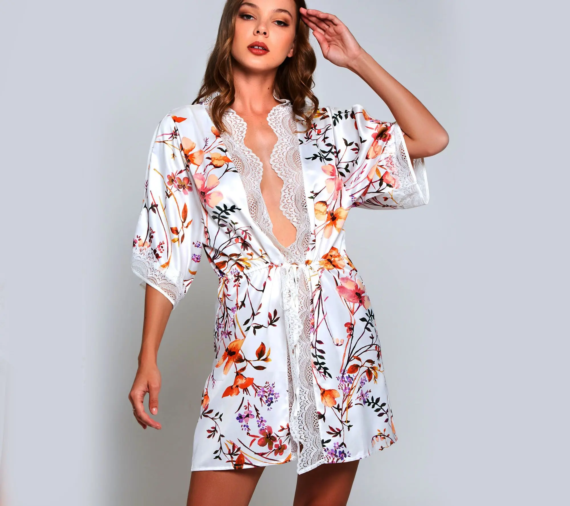 iCollection Floral Robe with Laced Placket With Split Sleeves