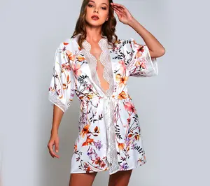 iCollection Floral Robe with Laced Placket With Split Sleeves
