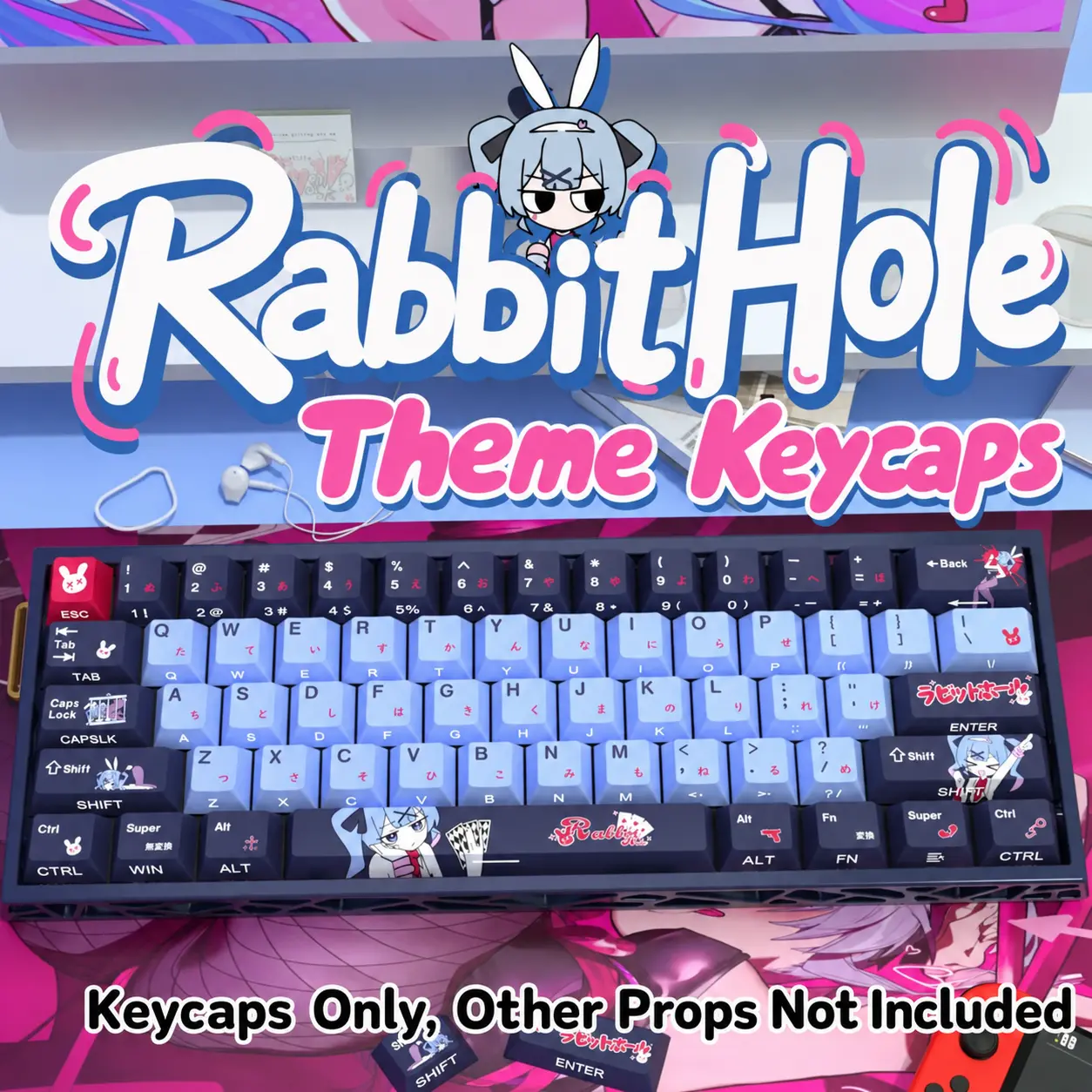 Rabbit Hole Full Set OEM Profile Translucent PBT Keycaps, Side-Printed 5-Sided Heat Sublimation, Compatible with Most Mechanical Keyboards, Computer Peripheral Accessory gaming keyboard