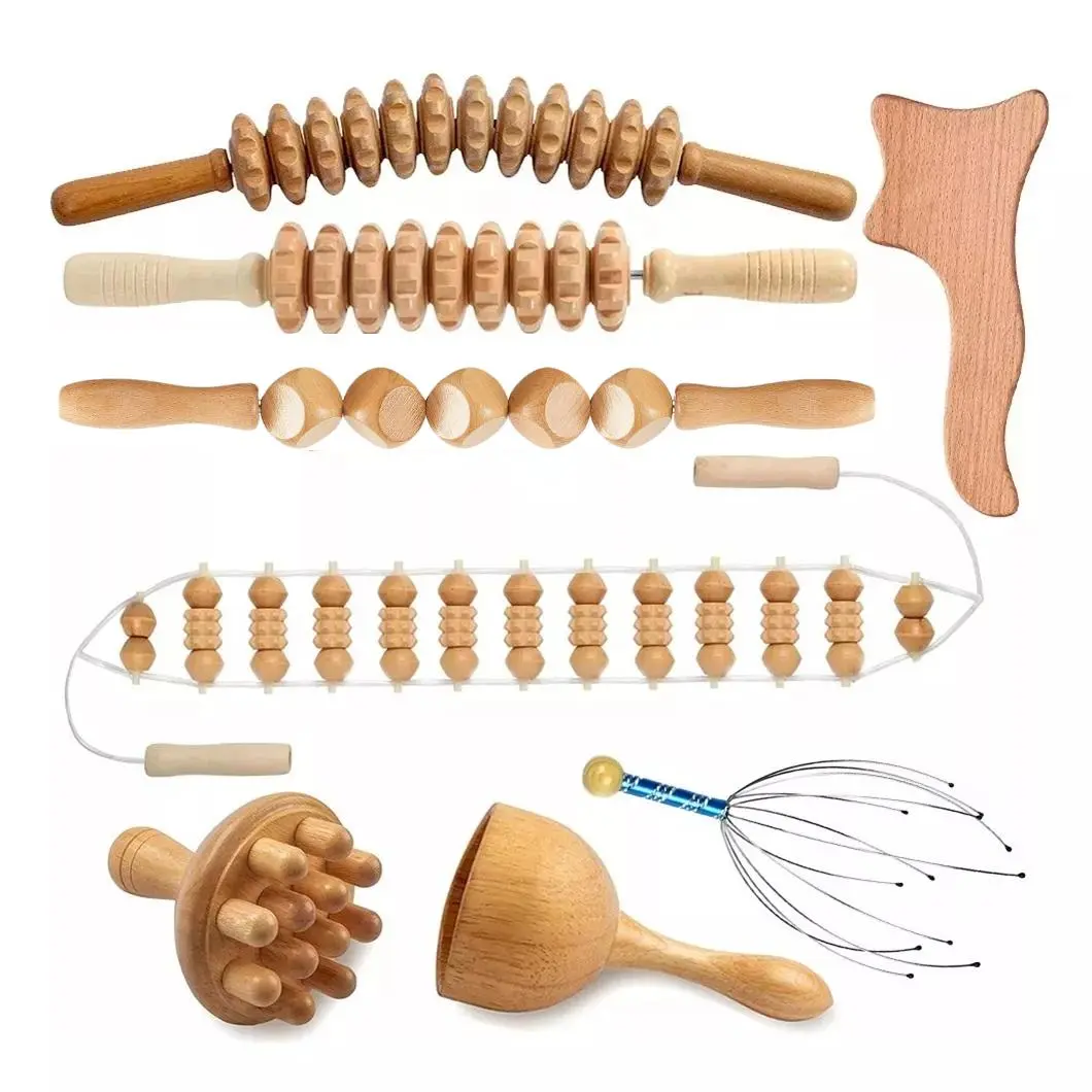 8-Piece Durable Smooth Wood Therapy Manual Massage Tools Set for Adults - 8-in-1 Body Care Kit with Gua Sha Tool, Multi-Pressure-Point Roller, Head Massager for Stress Relief