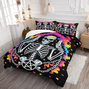 2/3PCS Neon Rainbow Skeleton Comforter Set, Retro Pixel Art Quilt, Soft Microfiber Bedding Set with Pillowcase, Gothic Skeleton Gun Pentagram Print Bed Set for Teens, Bedroom & Dorm Decor, Soft Bedding Sets