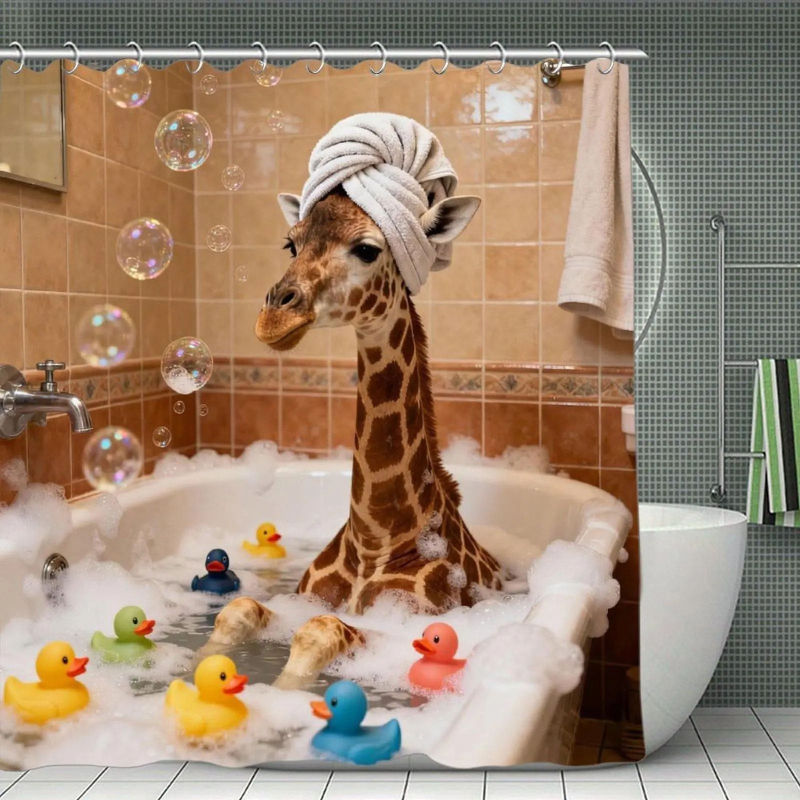 Giraffe Bath Time Shower Curtain || Cartoon Giraffe Bathing With Rubber Ducks Fabric Shower Curtain, Fun Bathroom Decor Curtain
