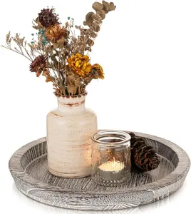 Wooden Decorative Tray Candle Holder: Round Wood Tray Home Decor, Whitewash Rustic Trays for Farmhouse Dinning Table Kitchen Countertop Coffee Table Wedding Centerpiece, 11inch, Size L