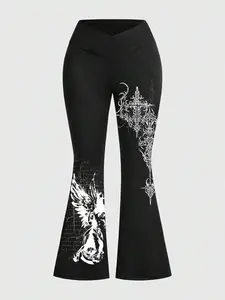 Women's High Waist Flare Pants, Criss Cross Design, Long Regular Fit, Graphic Letter Print, Casual Style Office Commute Essential, Fitted, Womenswear