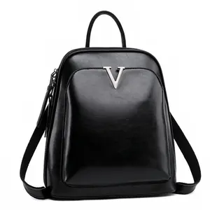 V Leather Backpack - Brown Top Grain Leather with Brass "V" Emblem, Adjustable Shoulder Strap, and Zip Closure for Everyday Use
