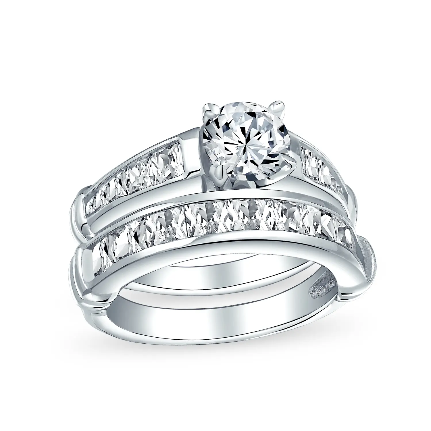 2CT CZ Solitaire Engagement Ring Set Chanel-Set Band .925 Sterling Silver