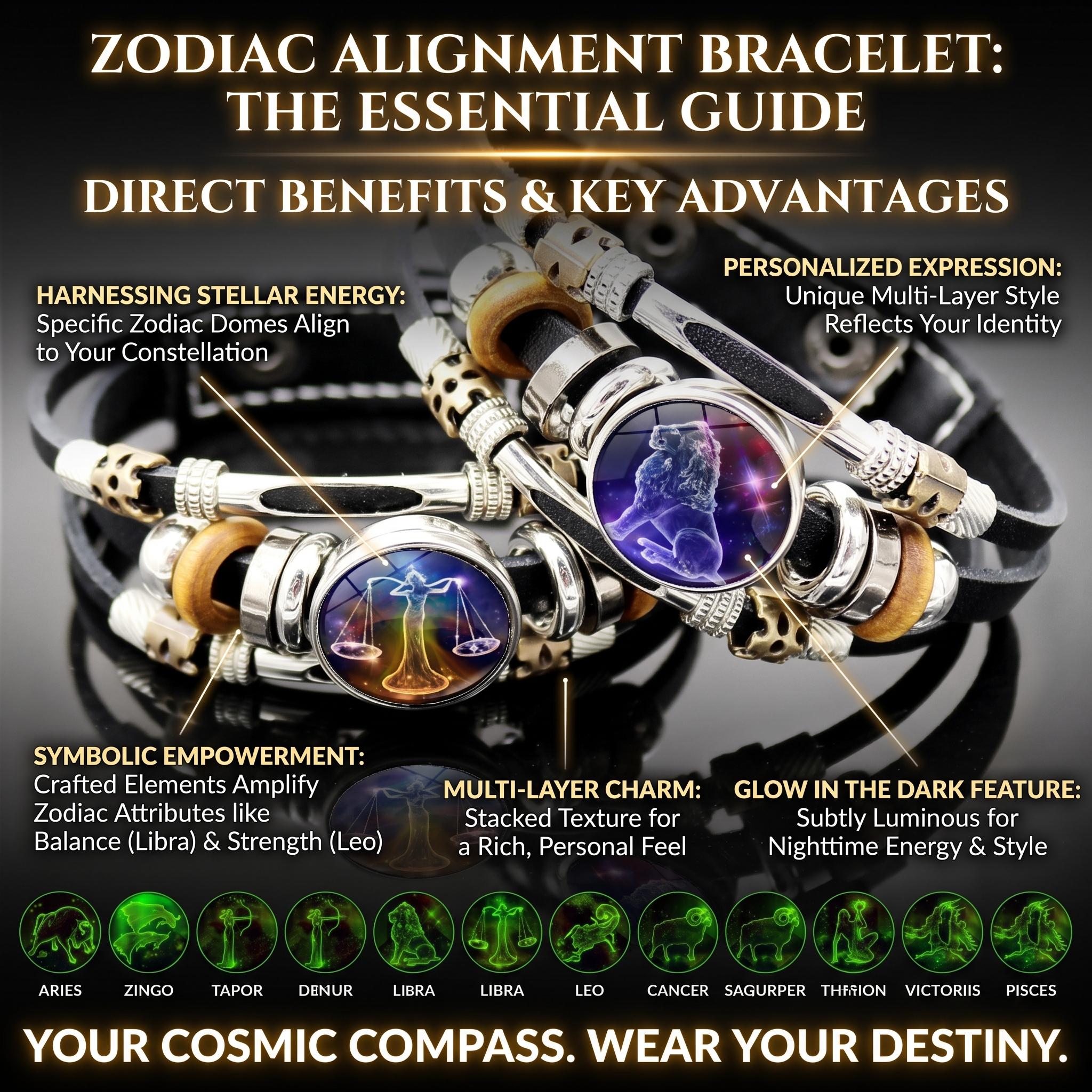 Glow-in-the-Dark 12 Zodiac Signs Leather Bracelet for Women 6.9in/8.1in Fashion Jewelry, Gifts Accessory