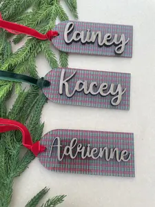 Traditional Personalized Christmas Stocking Name Tag Acrylic Plaid Ornament or Gift Bag Tag Traditional Holiday Decor with Velvet Ribbon