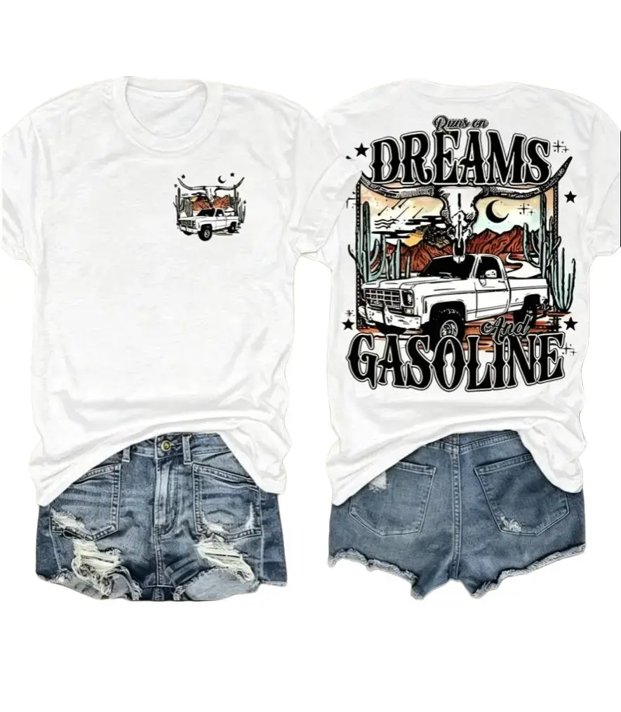 Runs On Dreams And Gasoline Retro Truck Cactus Western Double Sided Cotton Tee