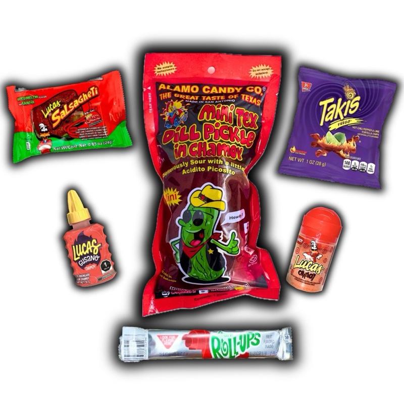 Single Chamoy Pickle Kit( Mini Tex) Spicy With Takis, Lucas Candy(6 PC) - Mexican Candy, Spicy Candy, Lucas Snack, Tangy Snack/ Candy, Dulces Mexican candy snack, easy snack, papitas Flavor Food Sauce