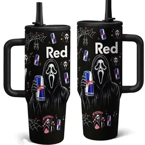 1pc 40oz Black Horror Energy Drink Style Stainless Steel Vacuum Insulated Tumbler with Handle, Leakproof Lid and Straw, Double Wall Travel Office Cup for Hot & Cold Drinks, Keeps Hot 12H & Cold 24H, Spooky Gift Cup