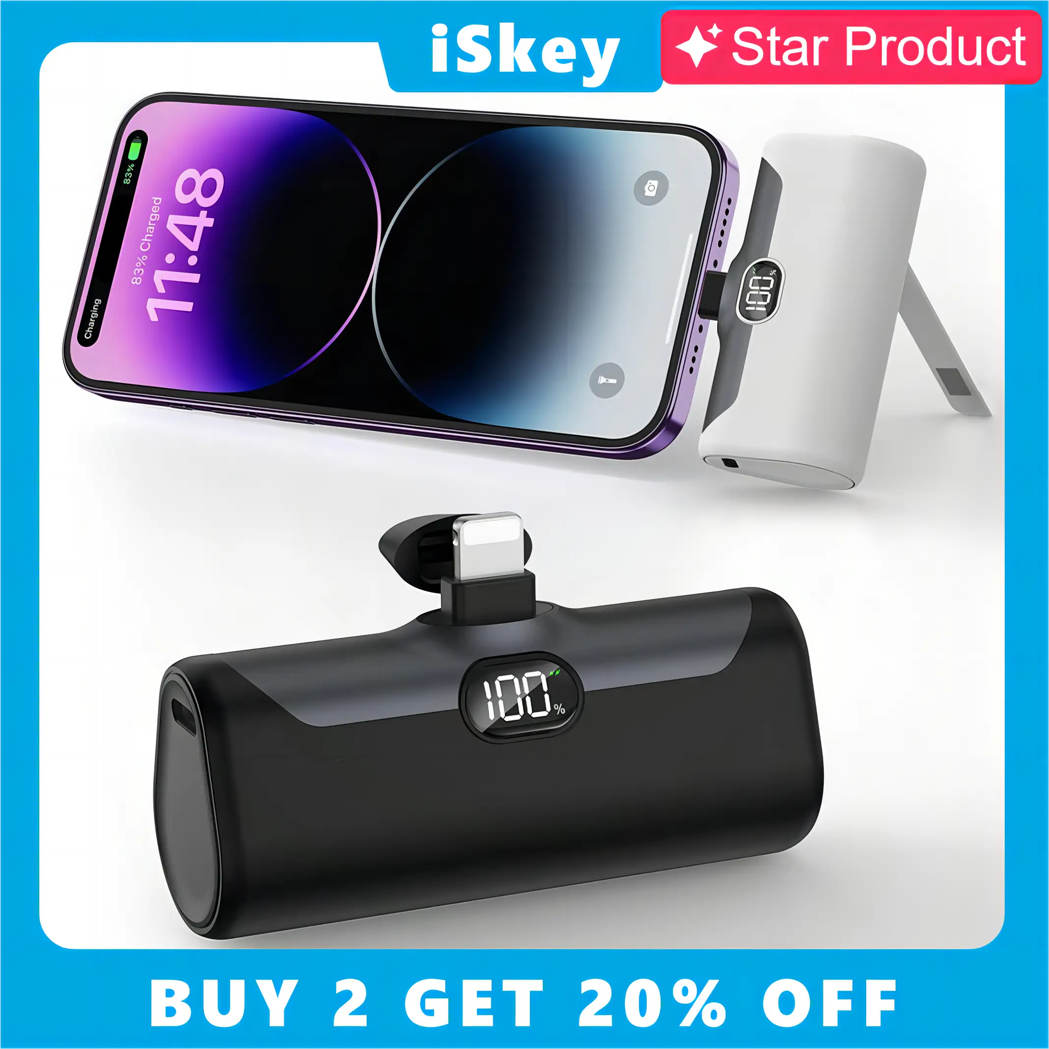 iSkey Portable Charger Power Bank with Phone Stand & Selfie Light, 5000mAh MFi Certified, Small Portable Charger Compact Cordless Fast Charging for Al