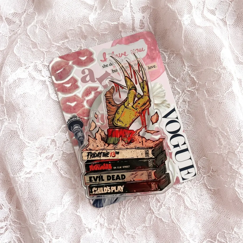 Spooky Horror Phone Grip, Clear Acrylic Retro Cinema Accessory, Bloody Claw Hand and Vintage Movie Tape Design, Halloween Gift for Horror Lovers, Teens and Collectors