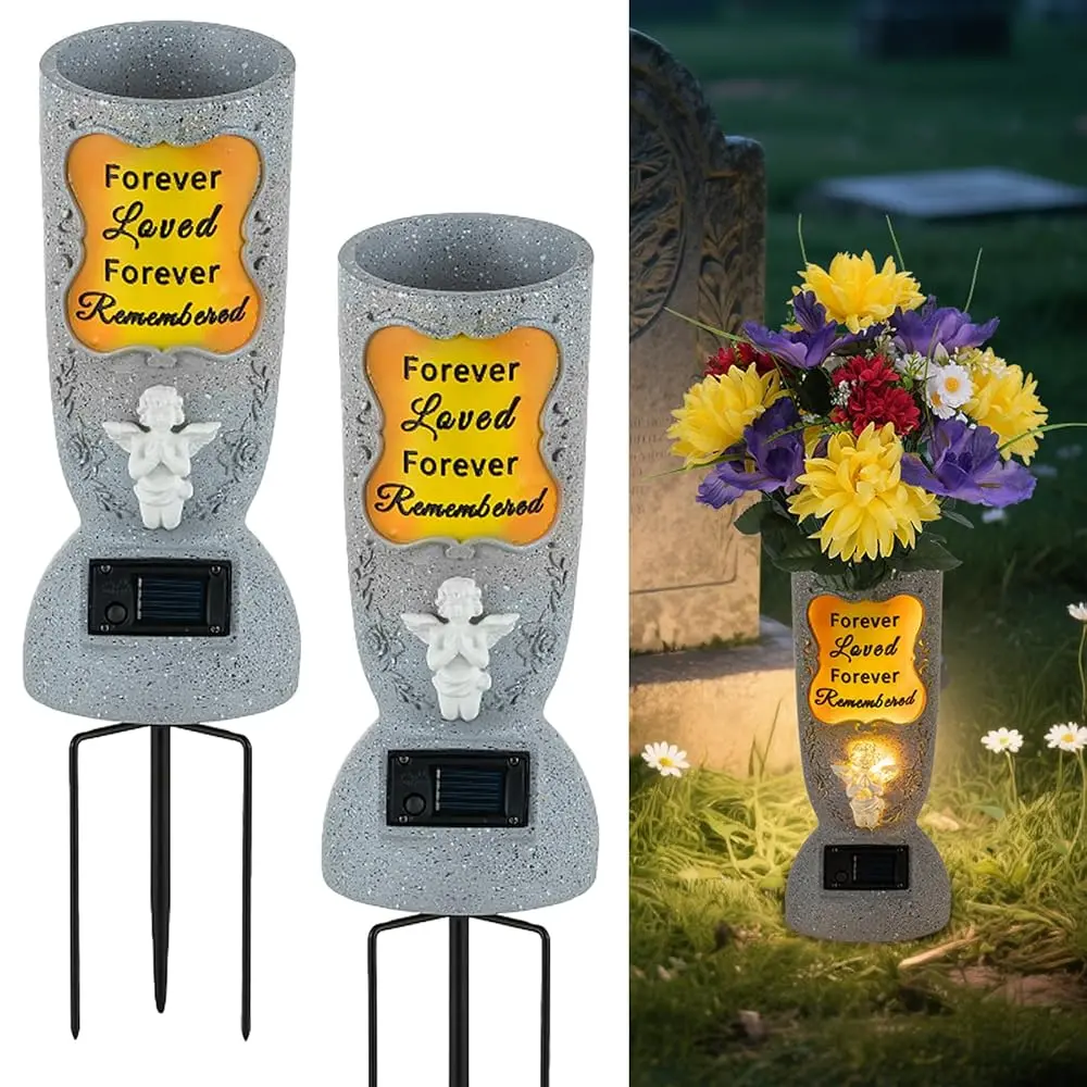 Solar-Powered Cross Angel Grave Vase with LED Lights, Home Decor Accessory, for Fresh/Artificial Flowers, Tombstone Decoration, Commemorative Gifts for Grieving Individuals
