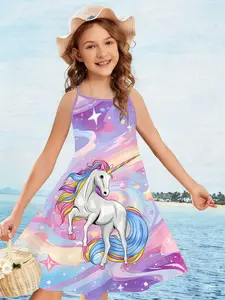 Girls' Dress "Rainbow Unicorn Sweetheart Style" - featuring a cartoon unicorn pattern and a colorful gradient background, with a skin-friendly A-line cut, making it super eye-catching for daily wear or outings.