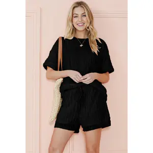 Black Frill Textured Tee and Drawstring Shorts Set