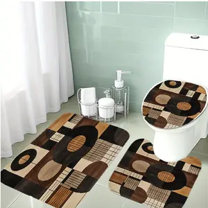 3-Piece Bathroom Rug Set, Geometric Blocks, Soft Flannel Material, Non-Slip Bath Mat, Holiday Decoration, Bath Mat Sets