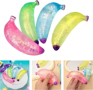 KIDGENIUS Glitter Water Banana Stress Fidget Toy - Transparent Sparkly Squeeze Sensory Toy for Anxiety Relief, Cute Novelty Hand Squeeze Gift for Kids & Adults
