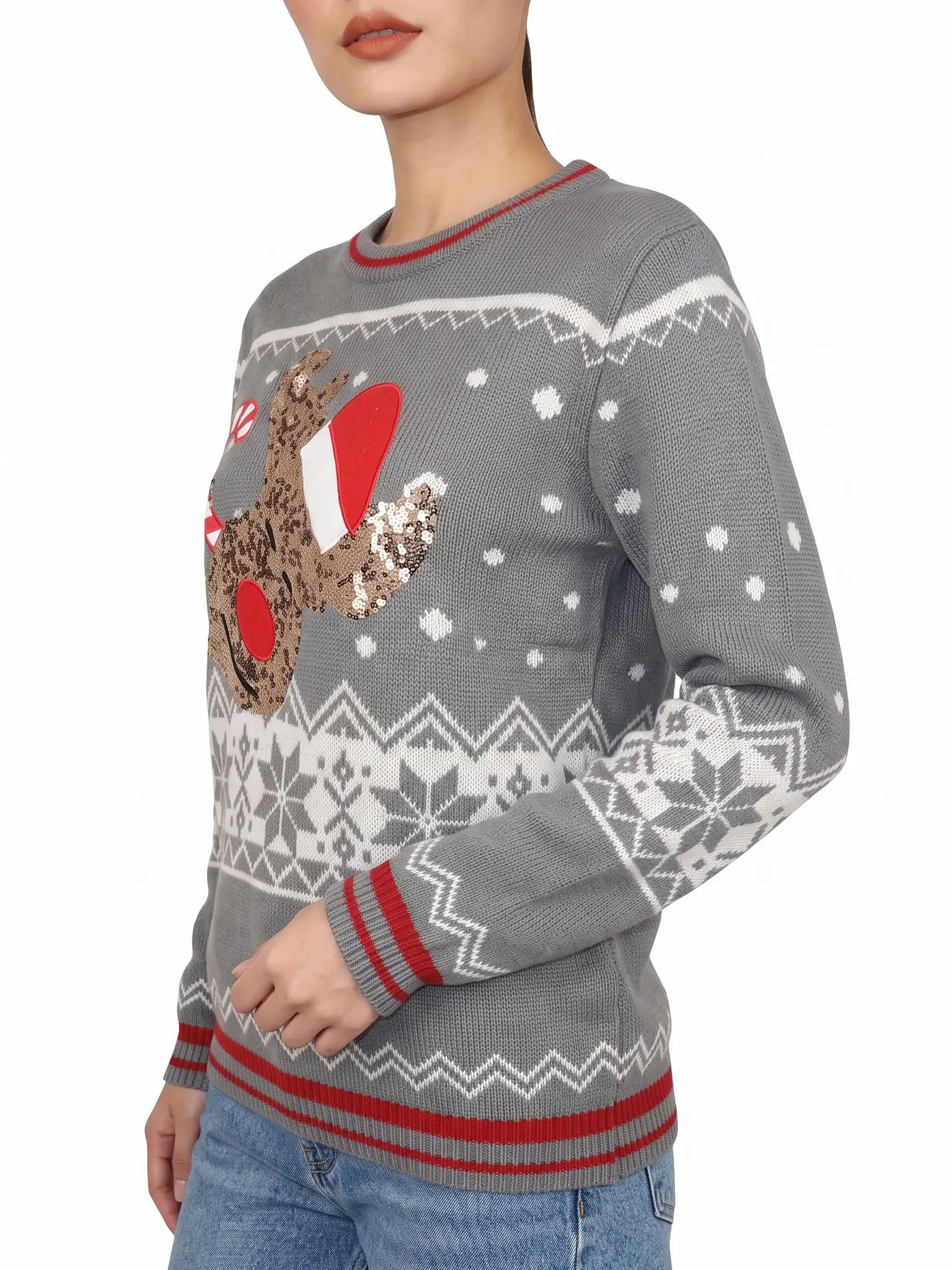 Women's Festive Reindeer Sweater with Sequins for Christmas Parties and Winter Celebrations