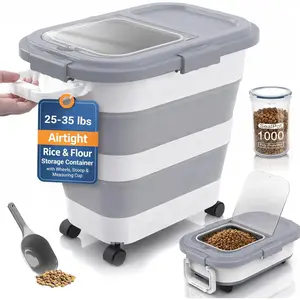Collapsible Rice Storage Container 25–35 lbs, Airtight Space-Saving Food Storage Bin with Wheels and Measuring Cup, Easy-Pour Grain Dispenser for Rice, Flour and Pet Food