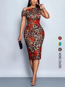 Women's summer off-shoulder casual leopard print slim-fit dress, stylish and comfortable, suitable for everyday wear.