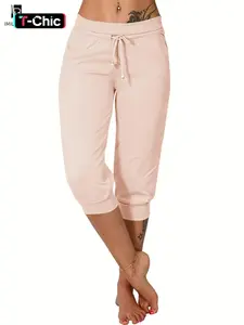 Women's Plain Drawstring Waist Capris Pants, Casual Pocket Trousers for Daily Wear, Ladies Bottoms for All Seasons, Casual Chic Bottoms, Womenswear