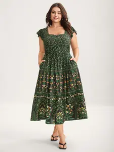BLOOMCHIC Women's Smooth Rayon Casual Floral Ruffled Cap Sleeve Midi Dress - Cottagecore Garment with Pockets Fit Womenswear Swimweek, Casual Fashion Dress, Women's Clothes,summerwins,Spotlight,Summer wins,Deals for you days