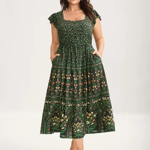 BloomChic Rayon Garden Fresh Ruffled Sleeve Midi Dress 【M-6XL】