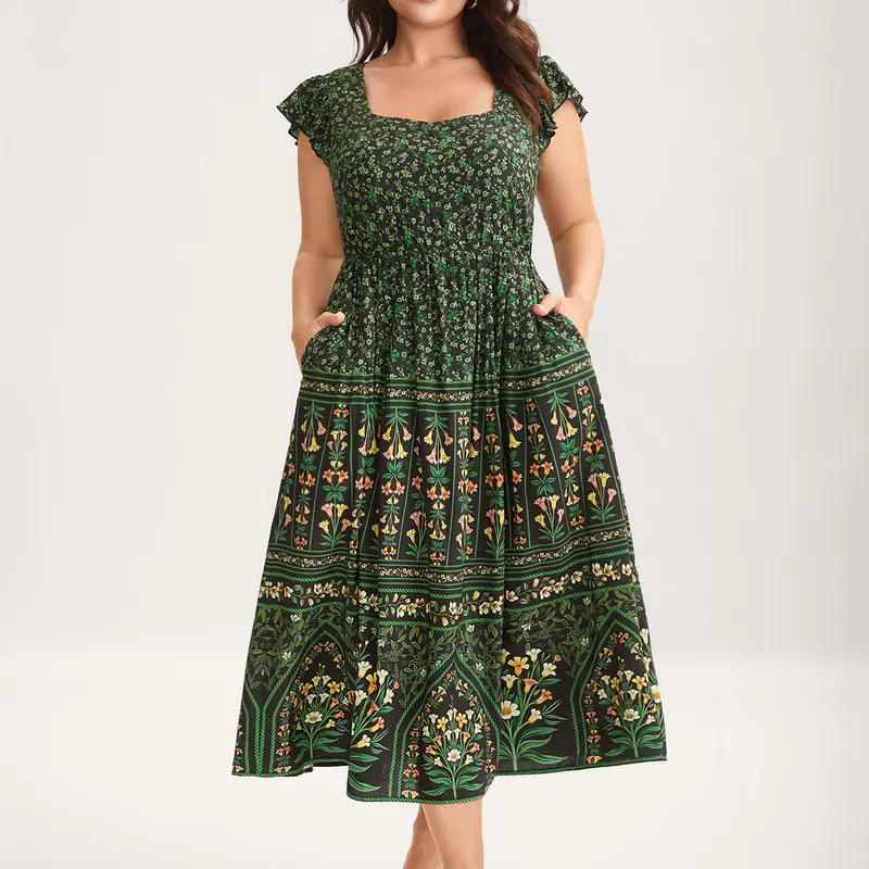 BloomChic Rayon Garden Fresh Ruffled Sleeve Midi Dress 【M-6XL】