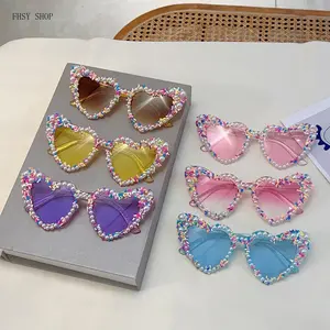 FHSY SHOP Purple Glitter Heart Sunglasses with Colorful Sprinkles & Pearls UV400 Filter Cute Fashion Eyewear for Bachelorette, Bridal Shower, and Kawaii Aesthetic Outfits