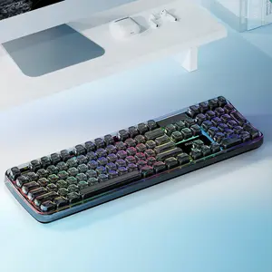 MOFii 1PC 3-Mode Transparent Keyboard, Aesthetic Semi-Crystal Keycaps, Rechargeable Full-Size Membrane Keyboard, Black, Non-Hot-swappable, US QWERTY Layout