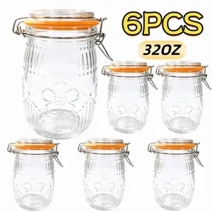 6-Pack 32oz (Free Gifts: Sticker + Small Brush) Wide Mouth Airtight Mason Jars – Vintage Clamp Lid Glass Storage Jars for Pantry, Coffee, Beans, Food Preservation & Tabletop Decor, Food-Grade, Dishwasher Safe, Sturdy, Kitchen tiktokshopspringglowup