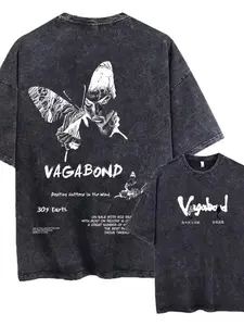 Water Washable Dual-Sided Vagabond Butterfly Graphic Print T-Shirt, Retro Comic Vintage Streetwear, Casual Fitted Long Sleeve Tee, Unisex Fashion Top