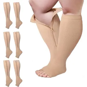 3 Packs Plus Size Compression Socks with Zipper, Knee High 15-20 mmHg for Women Men, Open Toe Support Socks for Veins