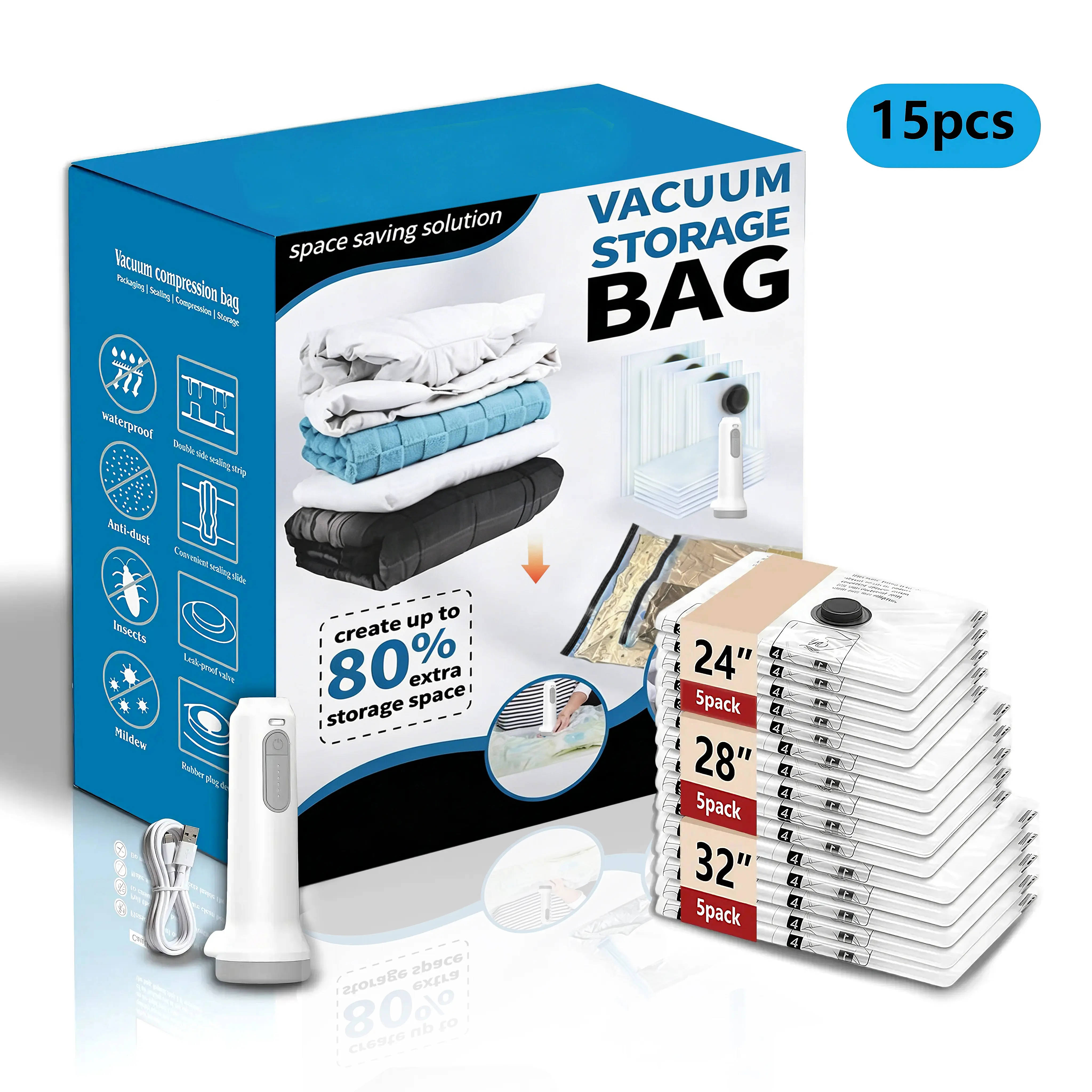 【DealsForYouDays】Cordless Travel Vacuum Storage Compression Bag Set – 15-Pack in 3 Sizes – USB Rechargeable Handheld Pump with Built-In Battery – Waterproof & Reusable Space Saver for Clothes & Packing, Perfect for Carry-On Suitcases