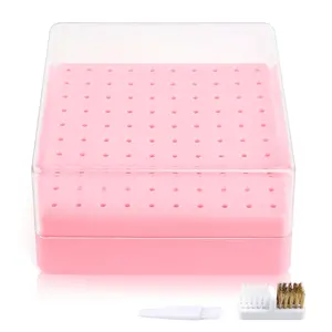 Nail Drill Bits Holder & Nail Drill Bits Cleaning Brush, 100 Holes Nail Bit Holder, Dustproof Nail Art Drill Bits Display Storage Box, Nail Drill Bit Holder for Nail Tech (Pink)